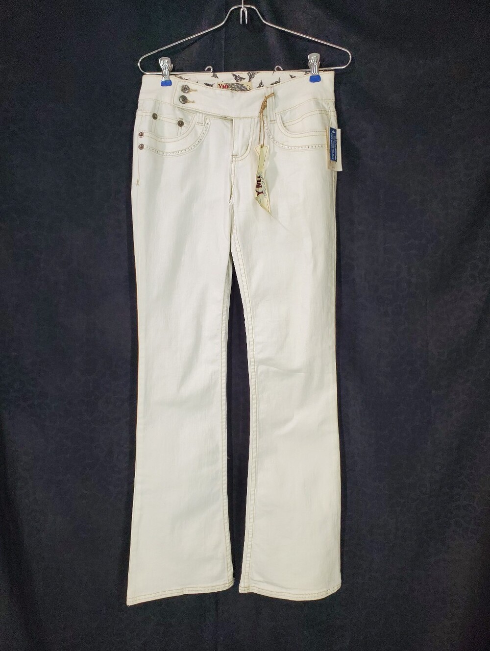 NEW YMI Y2K OG Low Rise flared jeans in white/cream Fluer-De-Lis Bling Size 3
